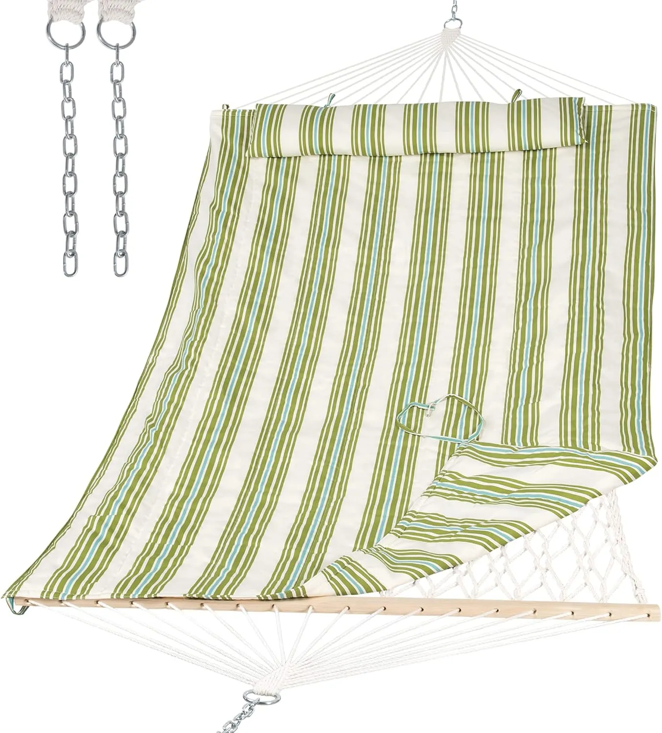 SUNCREAT Portable 2 Person Hammock with Hardwood Spreader Bar, Cotton Rope Outdoor Hammock with Polyester Pad, Green&Beige