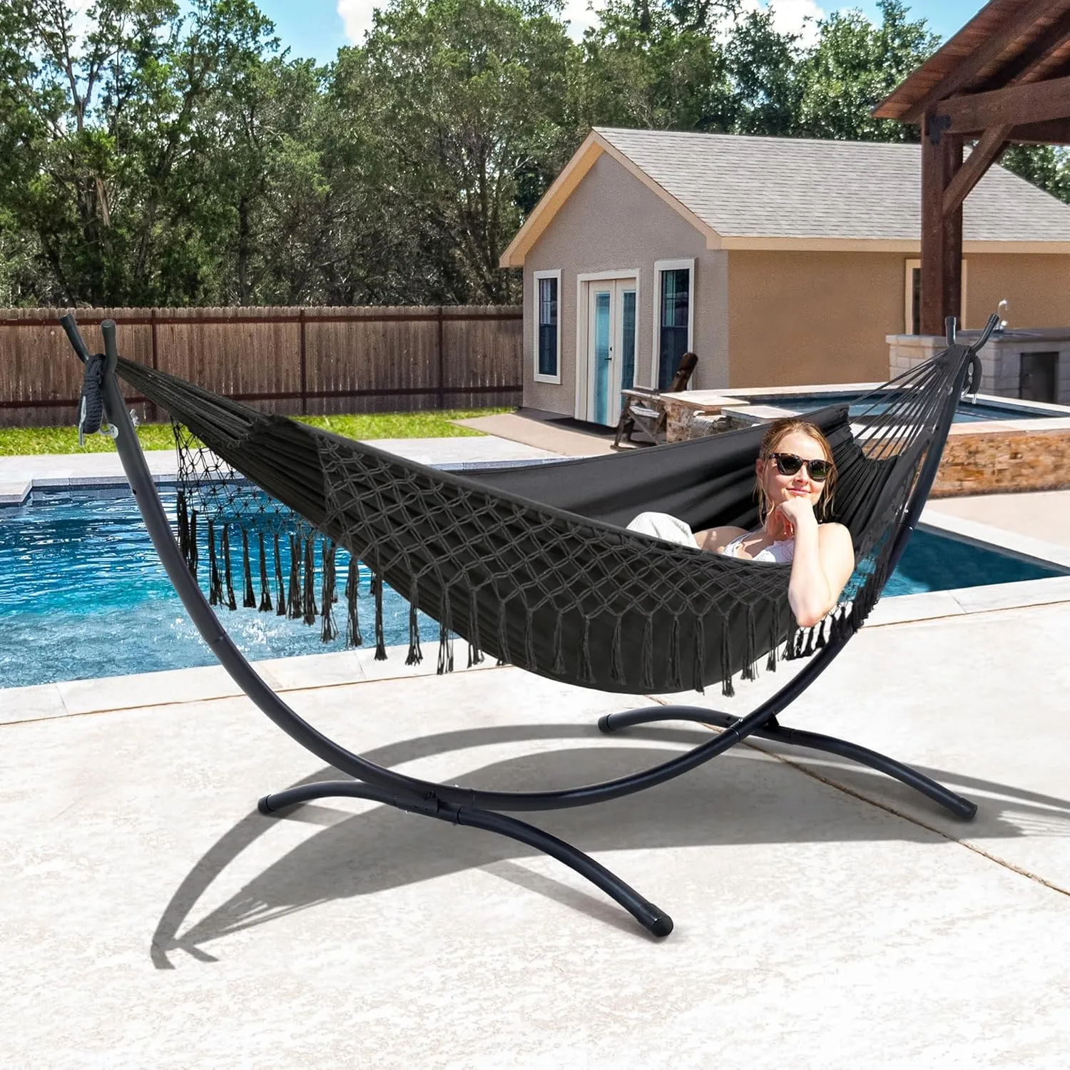 SUNCREAT Portable Outdoor Hammock with Stand Included, Double Hammock with Tassel for Outside, Dark Gray