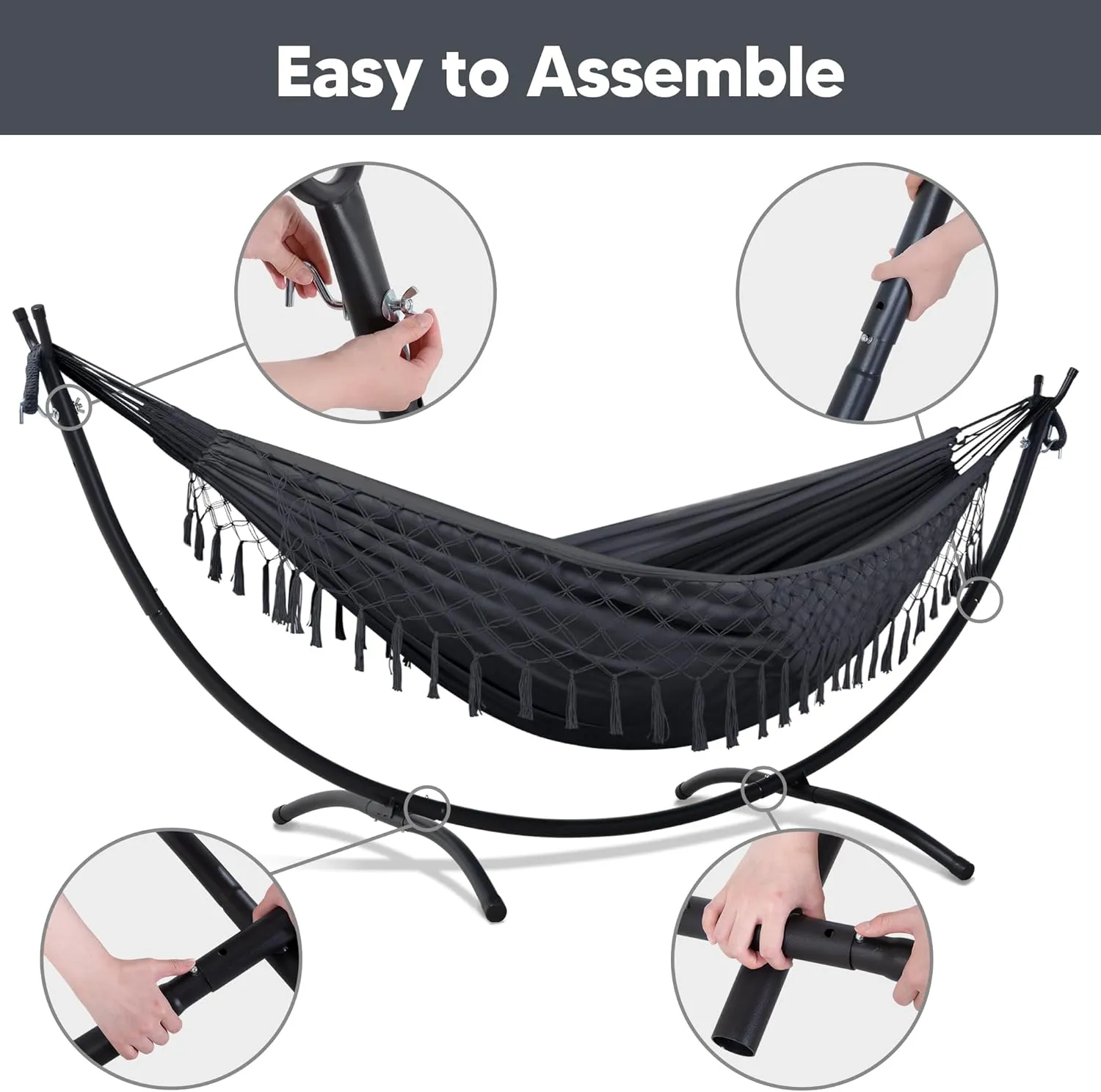 SUNCREAT Portable Outdoor Hammock with Stand Included, Double Hammock with Tassel for Outside, Dark Gray