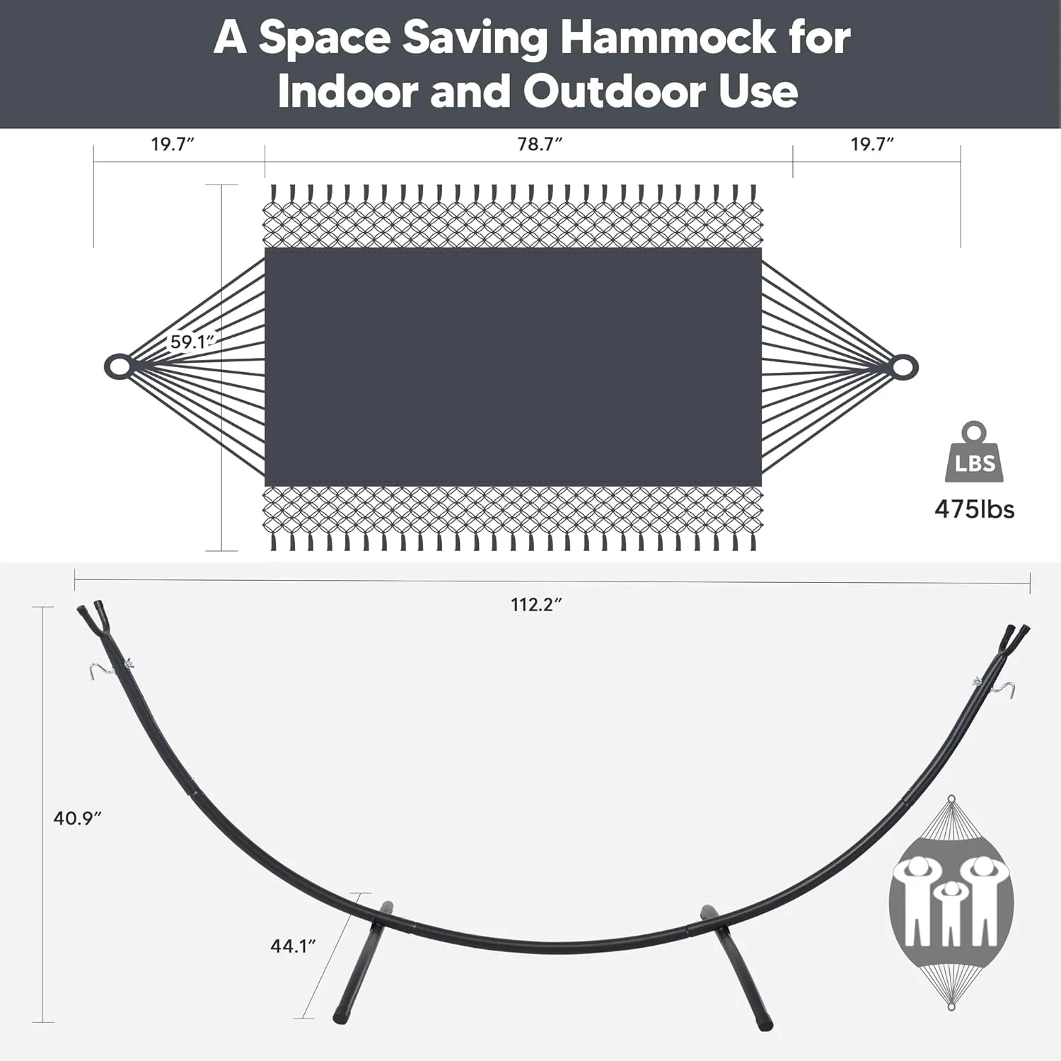 SUNCREAT Portable Outdoor Hammock with Stand Included, Double Hammock with Tassel for Outside, Dark Gray