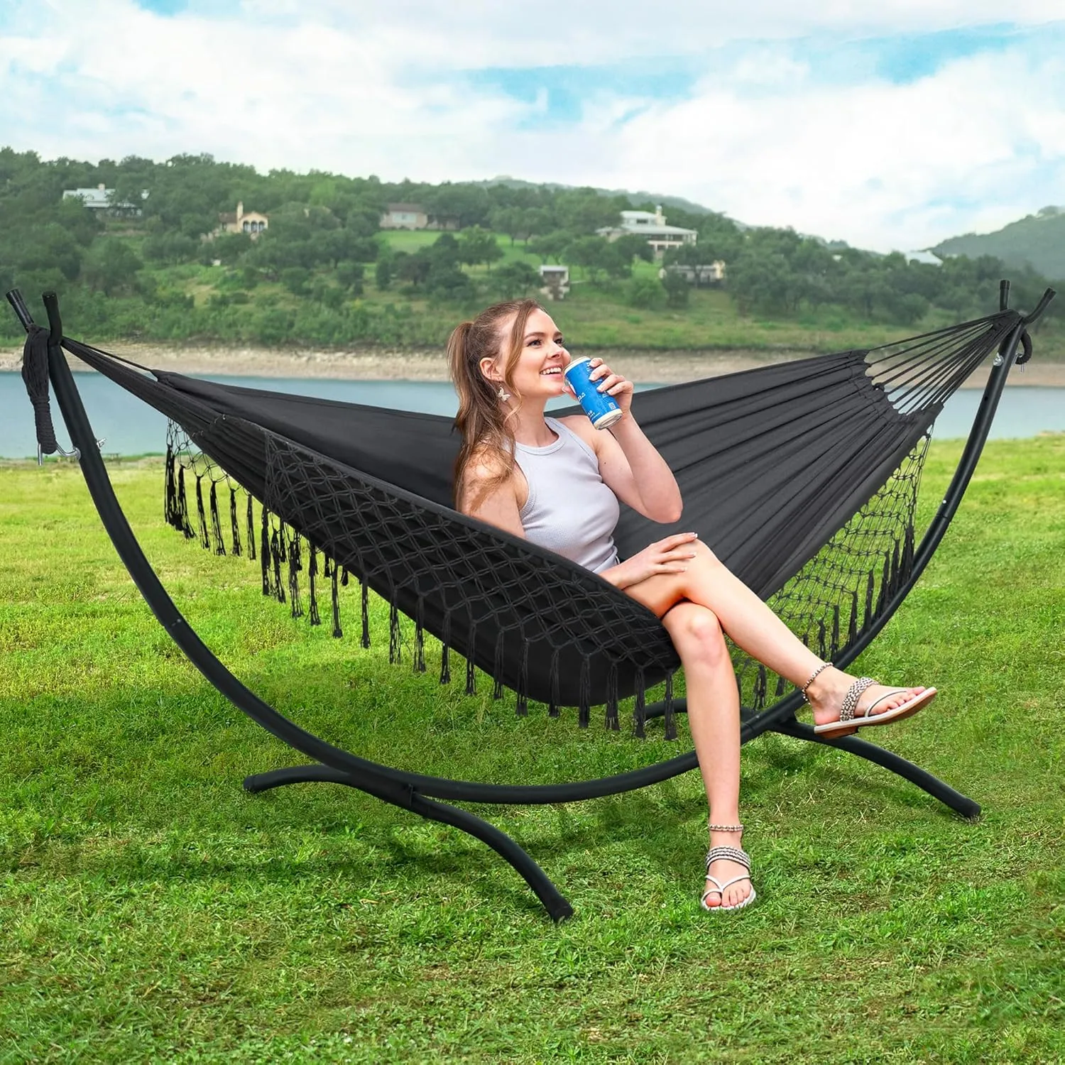 SUNCREAT Portable Outdoor Hammock with Stand Included, Double Hammock with Tassel for Outside, Dark Gray