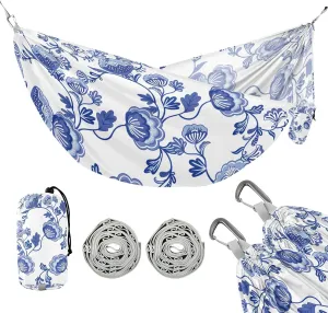 susiyo Portable Camping Hammock Beautiful Blue Flowers Chinoiserie Style Printed Lightweight Hammock Comfortable Travel Swing with Tree Straps for Camping Hiking Backpacking Travel or Beach - Up to 33