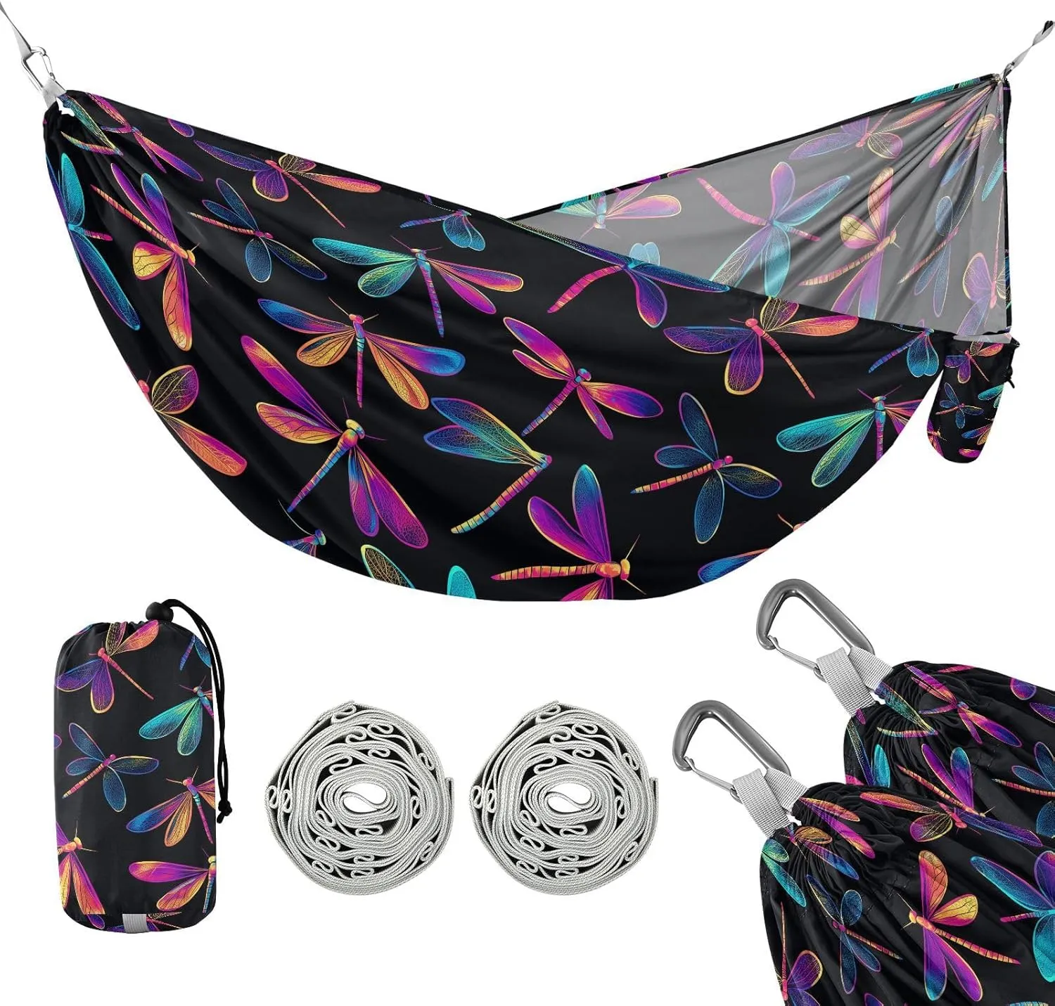 susiyo Portable Camping Hammock Bright Neon Dragonflies Printed Lightweight Hammock Comfortable Travel Swing with Tree Straps for Camping Hiking Backpacking Travel or Beach - Up to 330lbs