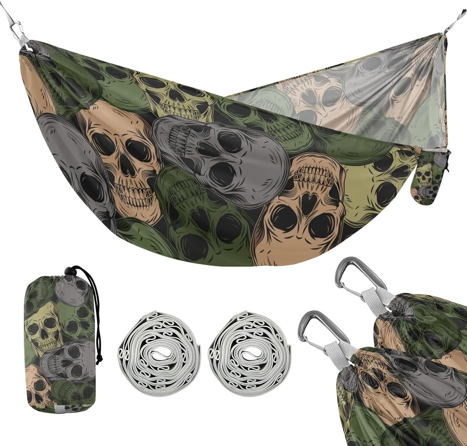 susiyo Portable Camping Hammock Camouflage Human Skulls Printed Lightweight Hammock Comfortable Travel Swing with Tree Straps for Camping Hiking Backpacking Travel or Beach - Up to 330lbs