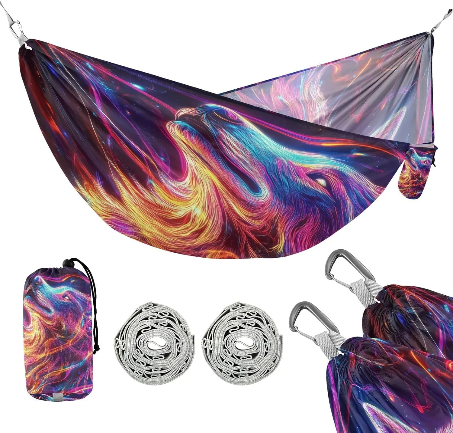 susiyo Portable Camping Hammock Funny Wolf Printed Lightweight Hammock Comfortable Travel Swing with Tree Straps for Camping Hiking Backpacking Travel or Beach - Up to 330lbs
