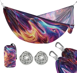 susiyo Portable Camping Hammock Funny Wolf Printed Lightweight Hammock Comfortable Travel Swing with Tree Straps for Camping Hiking Backpacking Travel or Beach - Up to 330lbs