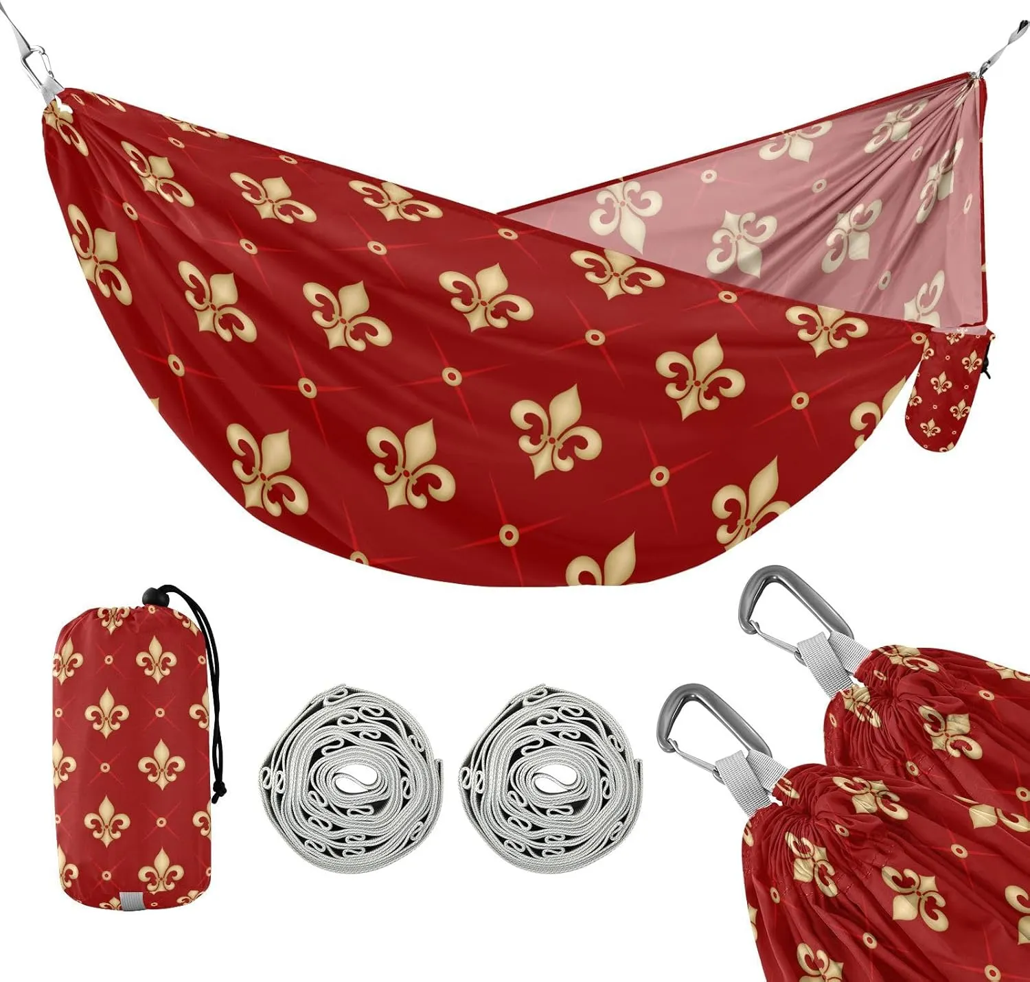 susiyo Portable Camping Hammock Golden Fleur De Lis Printed Lightweight Hammock Comfortable Travel Swing with Tree Straps for Camping Hiking Backpacking Travel or Beach - Up to 330lbs