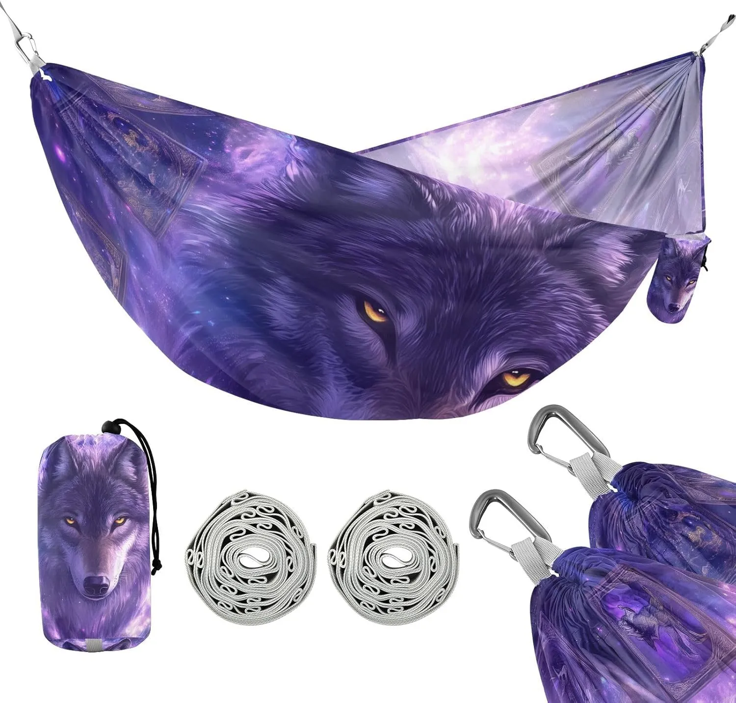 susiyo Portable Camping Hammock Majestic Wolf Yellow Eyes Printed Lightweight Hammock Comfortable Travel Swing with Tree Straps for Camping Hiking Backpacking Travel or Beach - Up to 330lbs