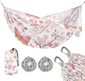 susiyo Portable Camping Hammock Pink Butterflies Flowers Printed Lightweight Hammock Comfortable Travel Swing with Tree Straps for Camping Hiking Backpacking Travel or Beach - Up to 330lbs