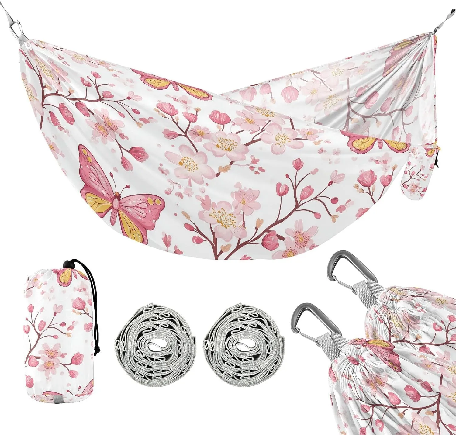 susiyo Portable Camping Hammock Pink Butterflies Flowers Printed Lightweight Hammock Comfortable Travel Swing with Tree Straps for Camping Hiking Backpacking Travel or Beach - Up to 330lbs