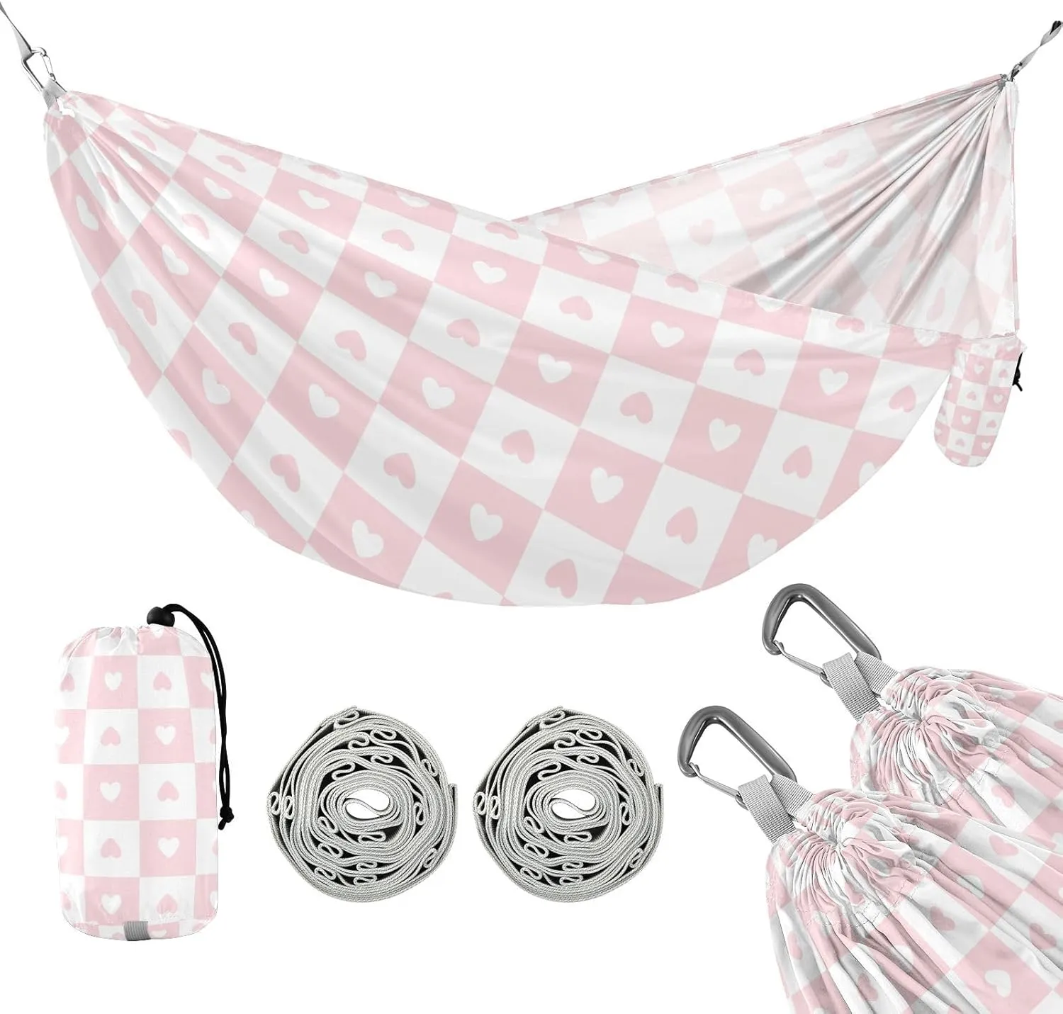susiyo Portable Camping Hammock Pink Gingham Hearts Printed Lightweight Hammock Comfortable Travel Swing with Tree Straps for Camping Hiking Backpacking Travel or Beach - Up to 330lbs