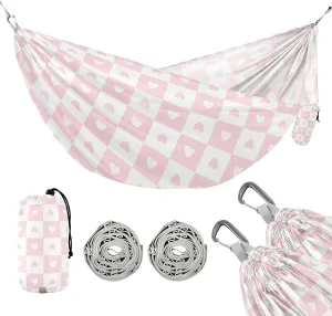 susiyo Portable Camping Hammock Pink Gingham Hearts Printed Lightweight Hammock Comfortable Travel Swing with Tree Straps for Camping Hiking Backpacking Travel or Beach - Up to 330lbs
