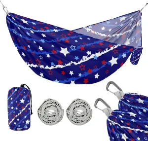susiyo Portable Camping Hammock Red and Blue Stars Printed Lightweight Hammock Comfortable Travel Swing with Tree Straps for Camping Hiking Backpacking Travel or Beach - Up to 330lbs