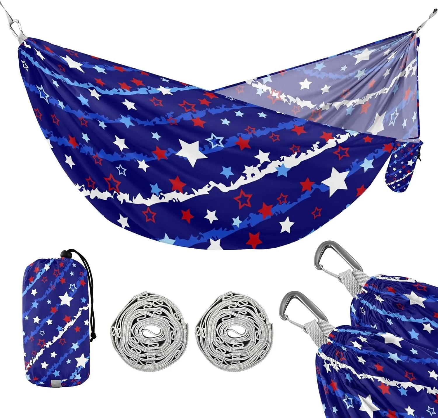 susiyo Portable Camping Hammock Red and Blue Stars Printed Lightweight Hammock Comfortable Travel Swing with Tree Straps for Camping Hiking Backpacking Travel or Beach - Up to 330lbs