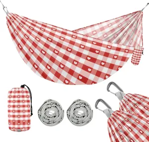 susiyo Portable Camping Hammock Red Hearts Gingham Printed Lightweight Hammock Comfortable Travel Swing with Tree Straps for Camping Hiking Backpacking Travel or Beach - Up to 330lbs