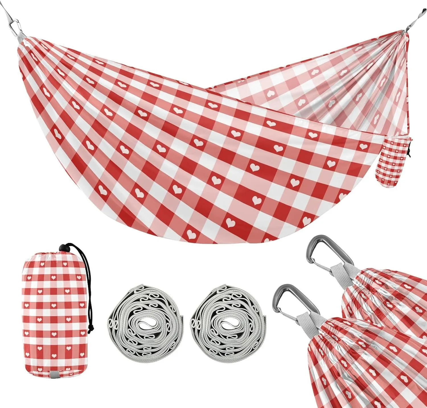 susiyo Portable Camping Hammock Red Hearts Gingham Printed Lightweight Hammock Comfortable Travel Swing with Tree Straps for Camping Hiking Backpacking Travel or Beach - Up to 330lbs