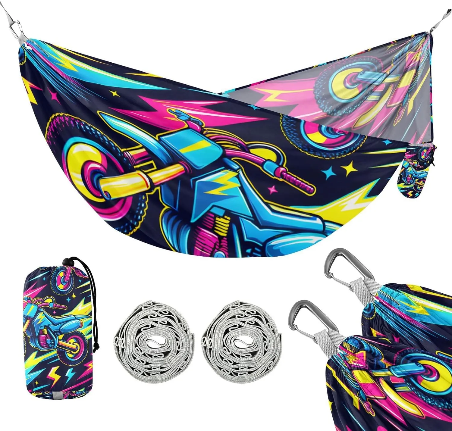 susiyo Portable Camping Hammock Retro Neon Dirt Bike Printed Lightweight Hammock Comfortable Travel Swing with Tree Straps for Camping Hiking Backpacking Travel or Beach - Up to 330lbs