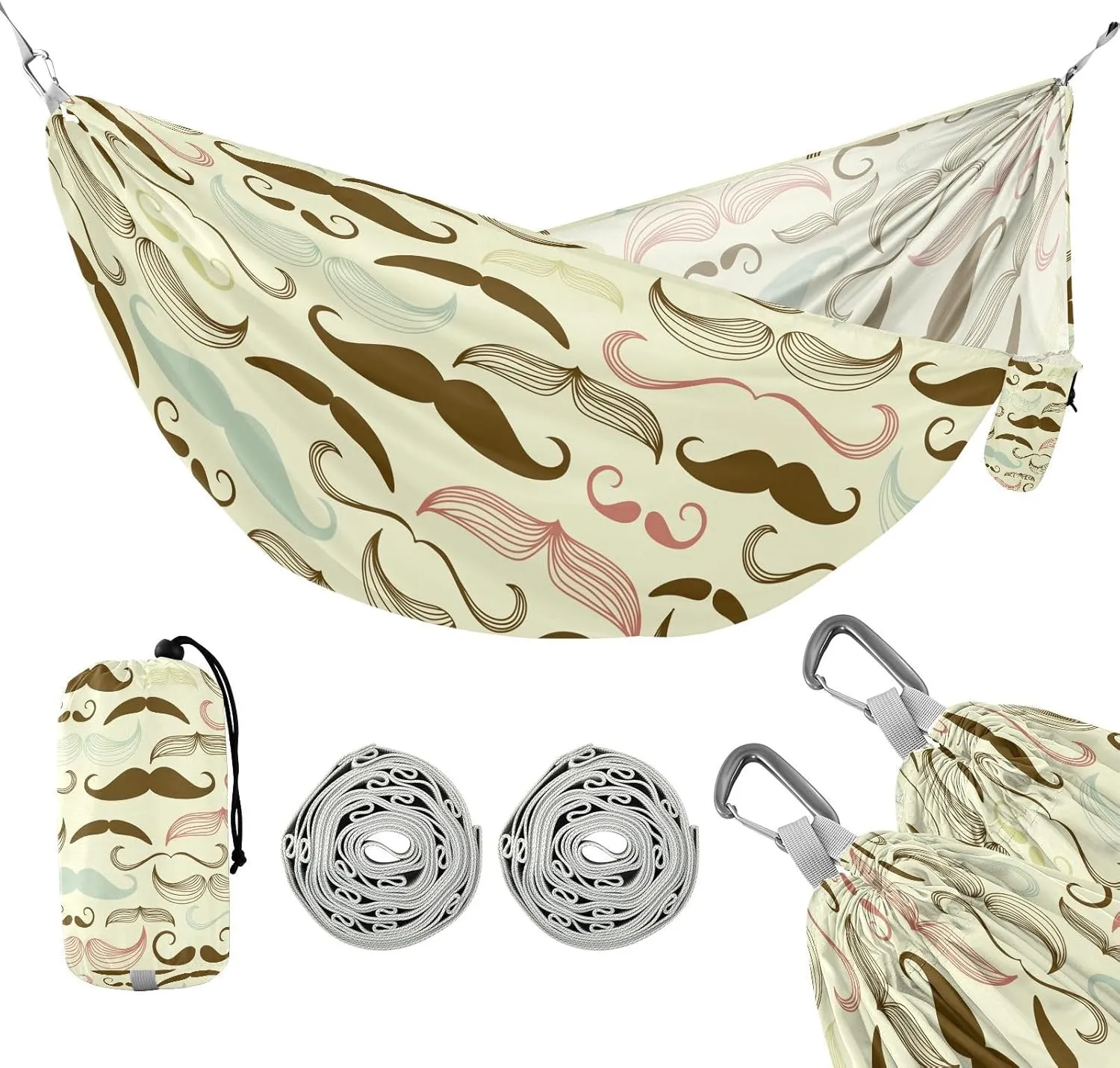 susiyo Portable Camping Hammock Retro Style Art Deco Mustache Printed Lightweight Hammock Comfortable Travel Swing with Tree Straps for Camping Hiking Backpacking Travel or Beach - Up to 330lbs