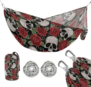 susiyo Portable Camping Hammock Skull Bright Peonies Printed Lightweight Hammock Comfortable Travel Swing with Tree Straps for Camping Hiking Backpacking Travel or Beach - Up to 330lbs
