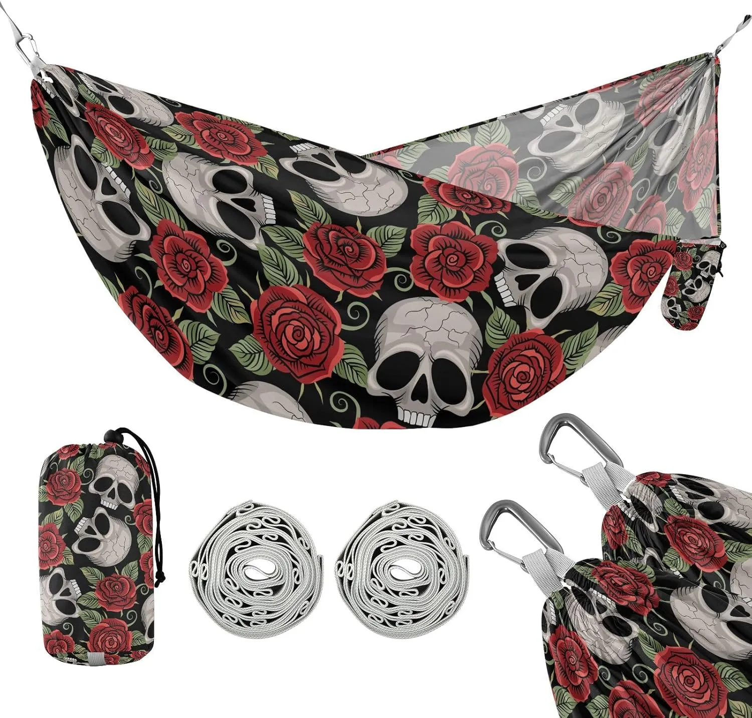 susiyo Portable Camping Hammock Skull Bright Peonies Printed Lightweight Hammock Comfortable Travel Swing with Tree Straps for Camping Hiking Backpacking Travel or Beach - Up to 330lbs