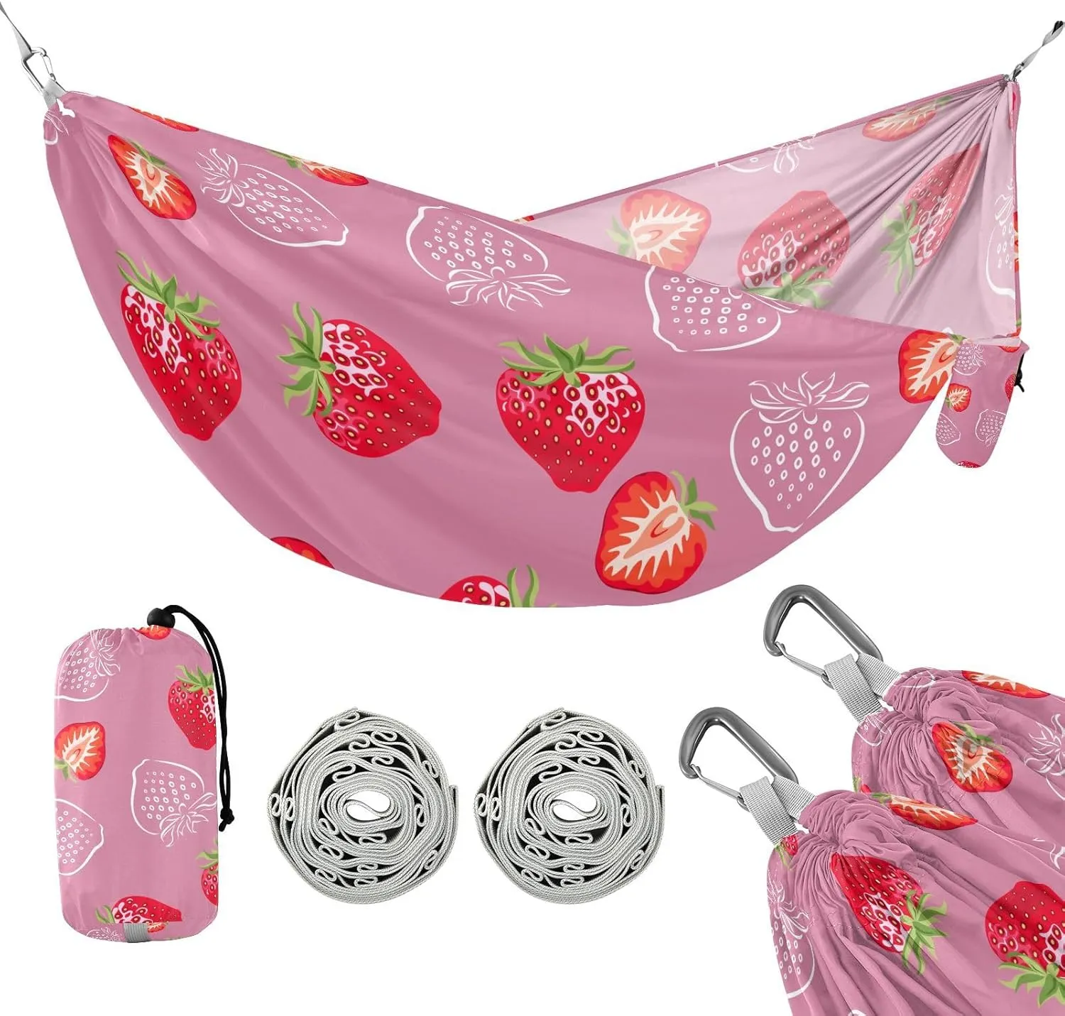 susiyo Portable Camping Hammock Strawberry Red Printed Lightweight Hammock Comfortable Travel Swing with Tree Straps for Camping Hiking Backpacking Travel or Beach - Up to 330lbs
