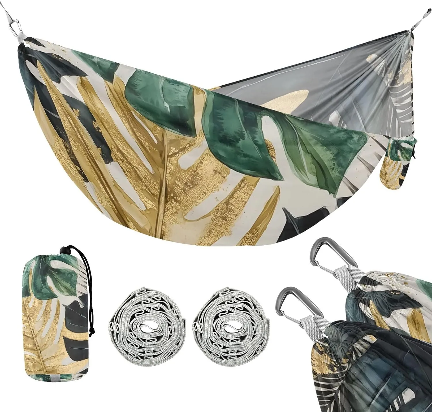 susiyo Portable Camping Hammock Tropical Gold Leaf Printed Lightweight Hammock Comfortable Travel Swing with Tree Straps for Camping Hiking Backpacking Travel or Beach - Up to 330lbs