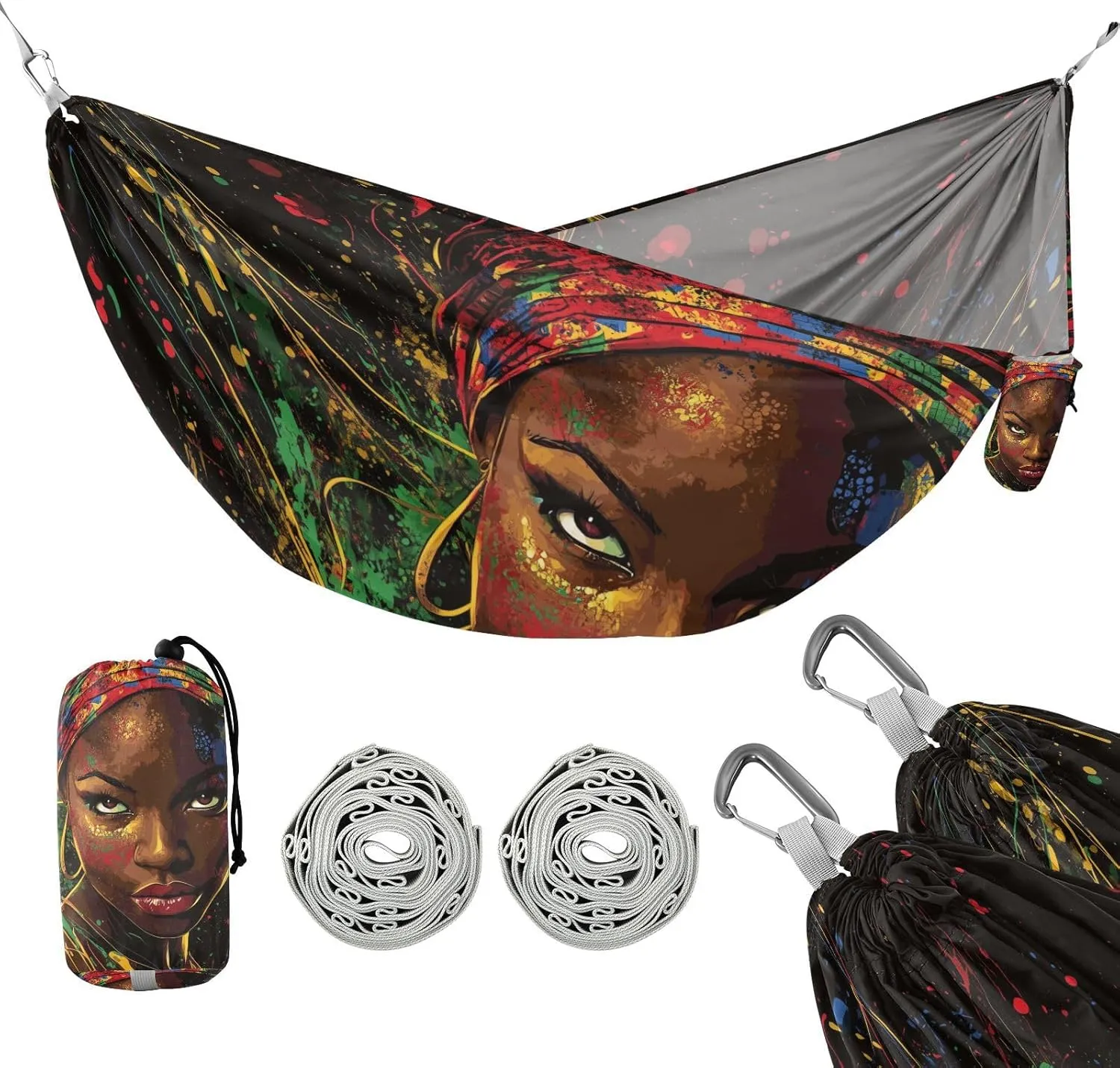 susiyo Portable Camping Hammock Vibrant African Woman Printed Lightweight Hammock Comfortable Travel Swing with Tree Straps for Camping Hiking Backpacking Travel or Beach - Up to 330lbs