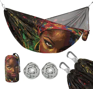 susiyo Portable Camping Hammock Vibrant African Woman Printed Lightweight Hammock Comfortable Travel Swing with Tree Straps for Camping Hiking Backpacking Travel or Beach - Up to 330lbs