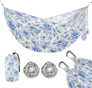 susiyo Portable Camping Hammock Vintage French Floral Blue Printed Lightweight Hammock Comfortable Travel Swing with Tree Straps for Camping Hiking Backpacking Travel or Beach - Up to 330lbs