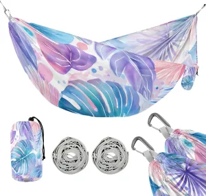 susiyo Portable Camping Hammock Watercolor Tropical Leaves Printed Lightweight Hammock Comfortable Travel Swing with Tree Straps for Camping Hiking Backpacking Travel or Beach - Up to 330lbs