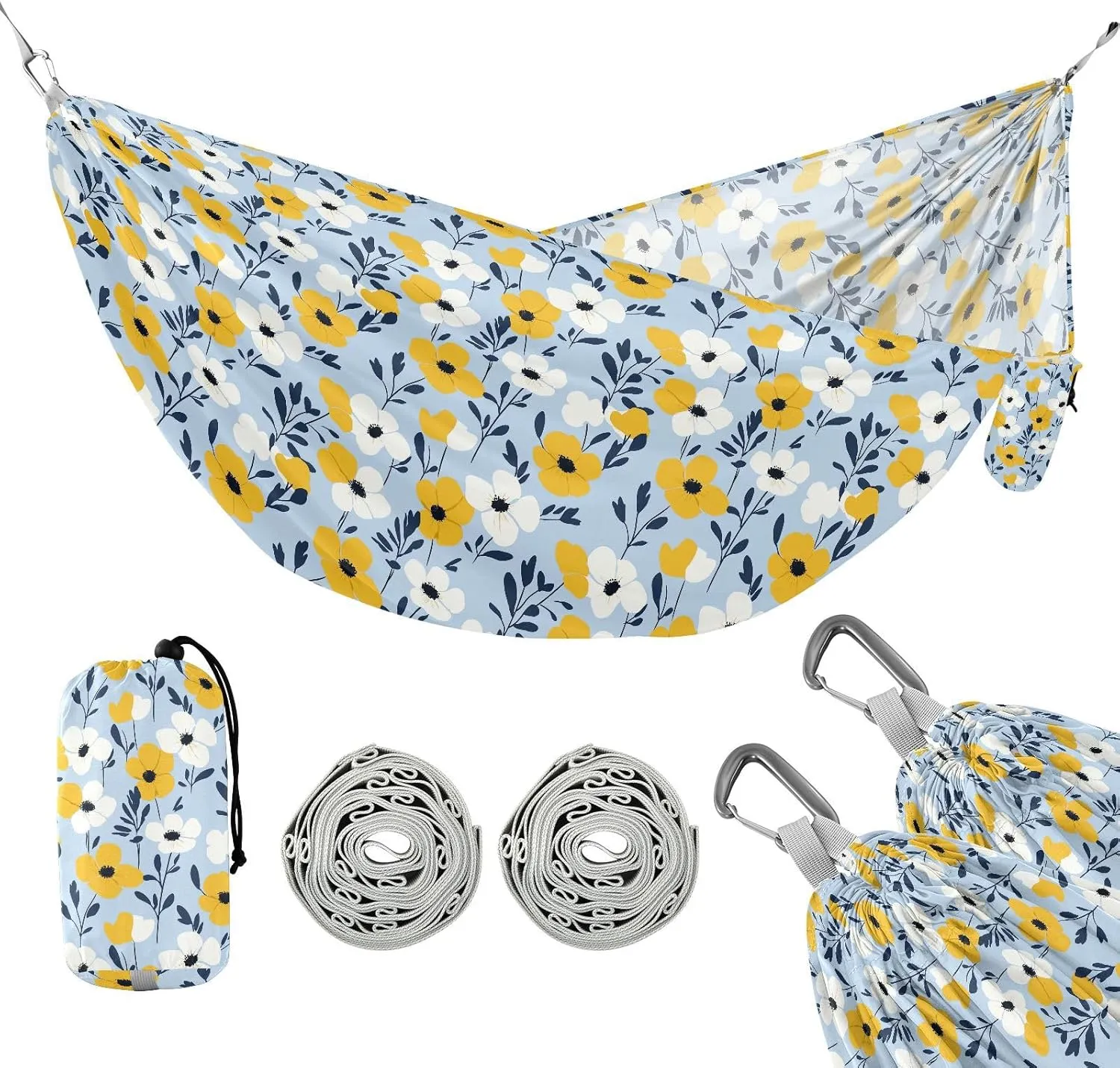 susiyo Portable Camping Hammock Yellow White Flowers Printed Lightweight Hammock Comfortable Travel Swing with Tree Straps for Camping Hiking Backpacking Travel or Beach - Up to 330lbs