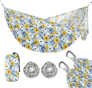 susiyo Portable Camping Hammock Yellow White Flowers Printed Lightweight Hammock Comfortable Travel Swing with Tree Straps for Camping Hiking Backpacking Travel or Beach - Up to 330lbs