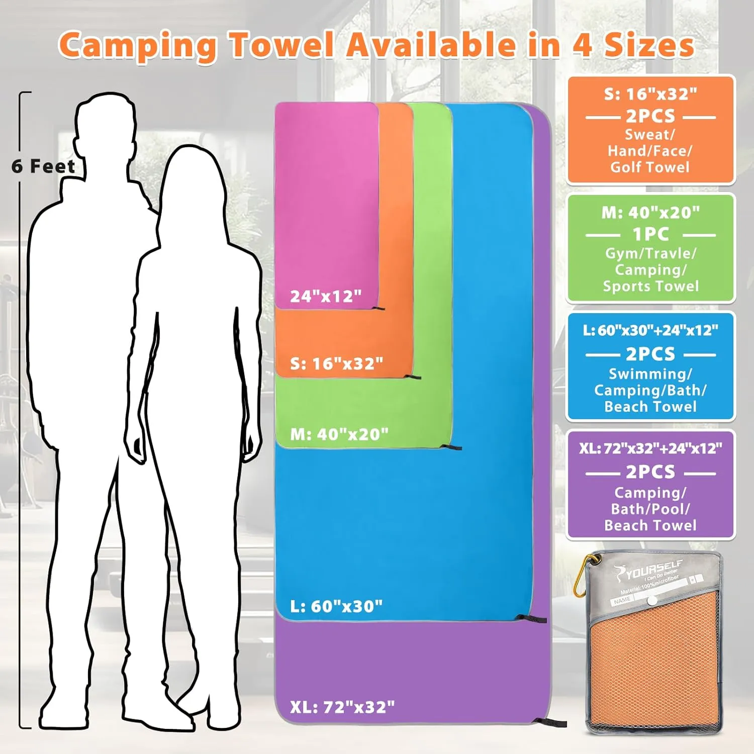 SYOURSELF 2 Pack Microfiber Camping Towel, Quick Dry Towel, Soft Absorbent Compact Travel Gym Workout Sweat Towel for Beach Yoga Swim Travel Camping Hiking Backpack Essentials (L:60"x30" 12"x24")