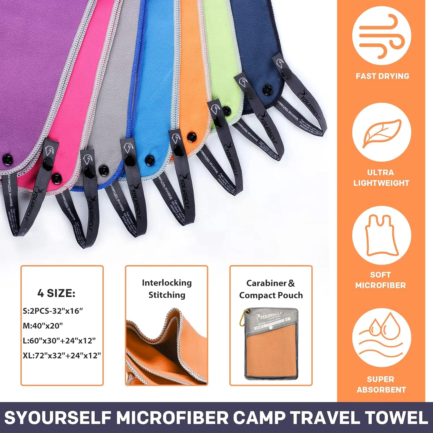 SYOURSELF 2 Pack Microfiber Camping Towel, Quick Dry Towel, Soft Absorbent Compact Travel Gym Workout Sweat Towel for Beach Yoga Swim Travel Camping Hiking Backpack Essentials (L:60"x30" 12"x24")