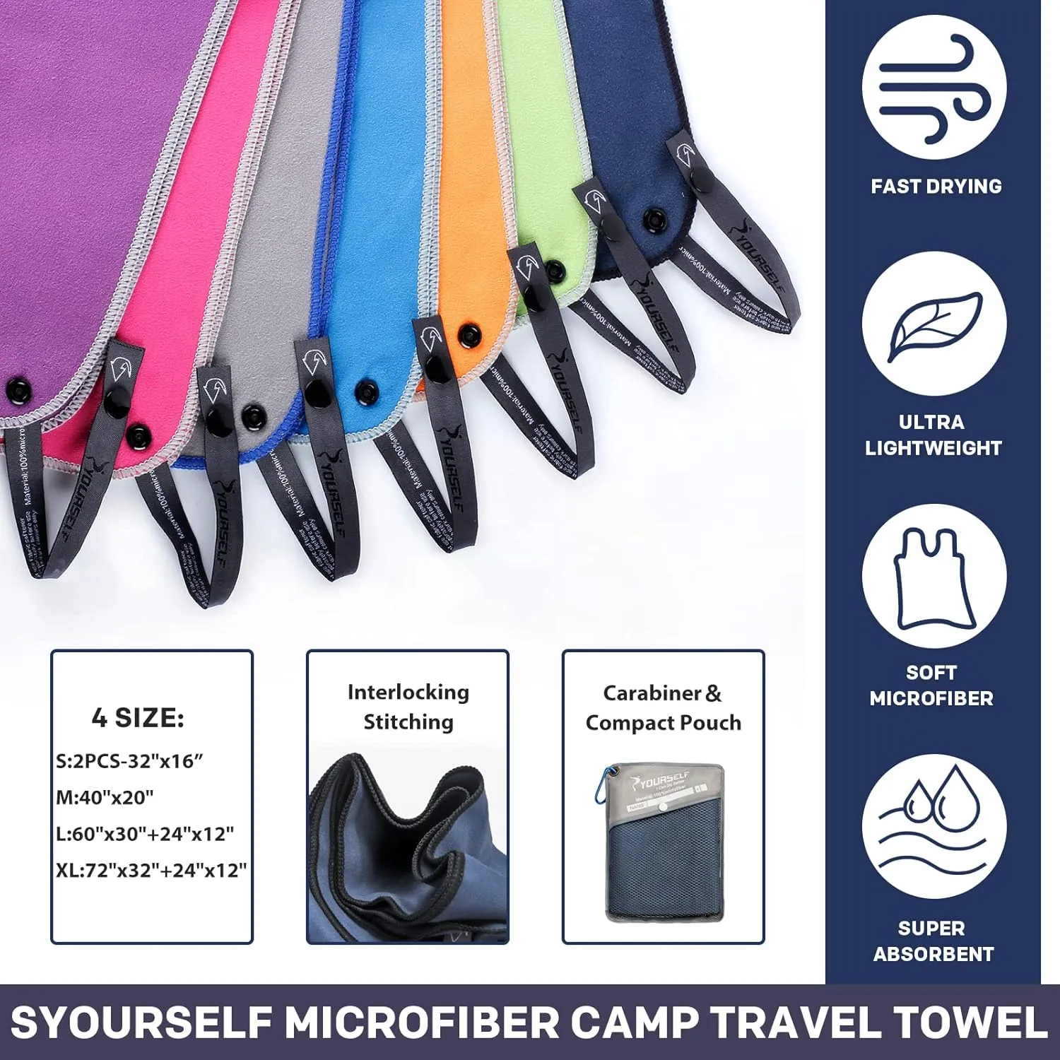 SYOURSELF 2 Pack Microfiber Camping Towel, Quick Dry Towel, Soft Absorbent Compact Travel Gym Workout Sweat Towel for Beach Yoga Swim Travel Camping Hiking Backpack Essentials (XL:72"x32" 12"x24")