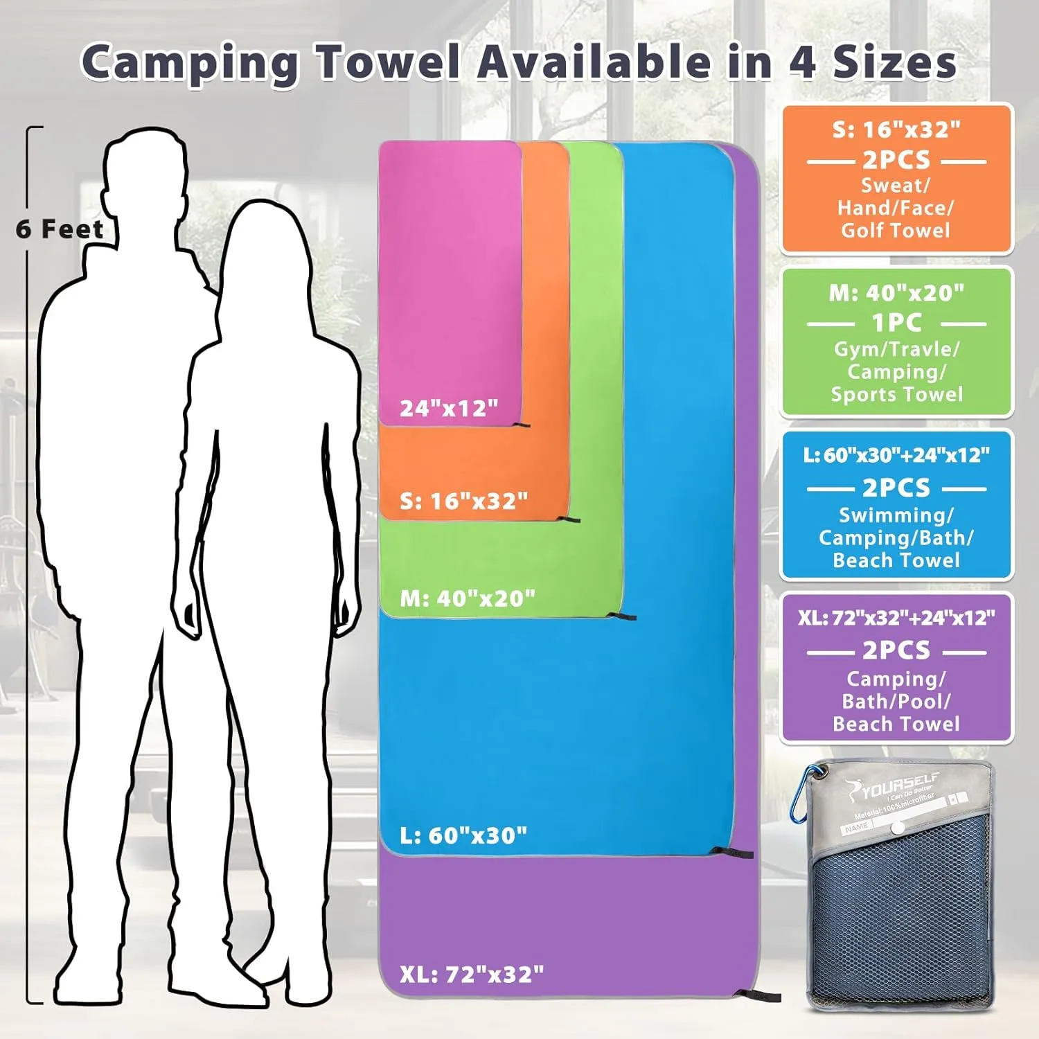SYOURSELF 2 Pack Microfiber Camping Towel, Quick Dry Towel, Soft Absorbent Compact Travel Gym Workout Sweat Towel for Beach Yoga Swim Travel Camping Hiking Backpack Essentials (XL:72"x32" 12"x24")