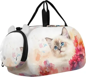 Tabby Cat in Flower Setting Youth Sports Duffel Bag with Ventilated Shoe Compartment|All-Season Lightweight Travel Gym Bag for Girls & Boys|Water-Resistant Gear Bag