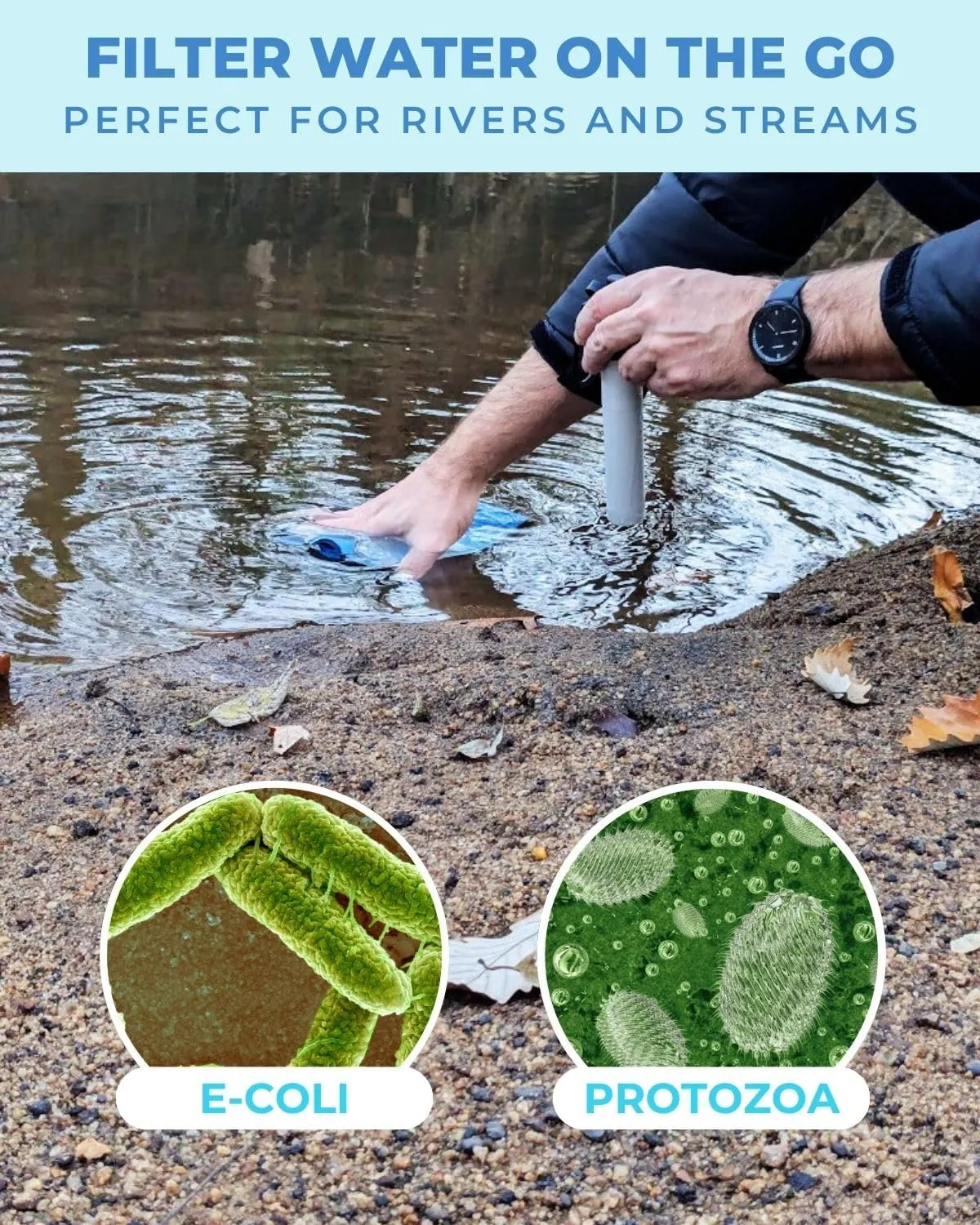 Tactiko 25oz. Purifying Water Bottle - UF Membrane, Activated Carbon Filter 265Gal. from Rivers, Streams - SGS Certified Personal Filter Straw - Camping, Emergency, Survival (Blue)