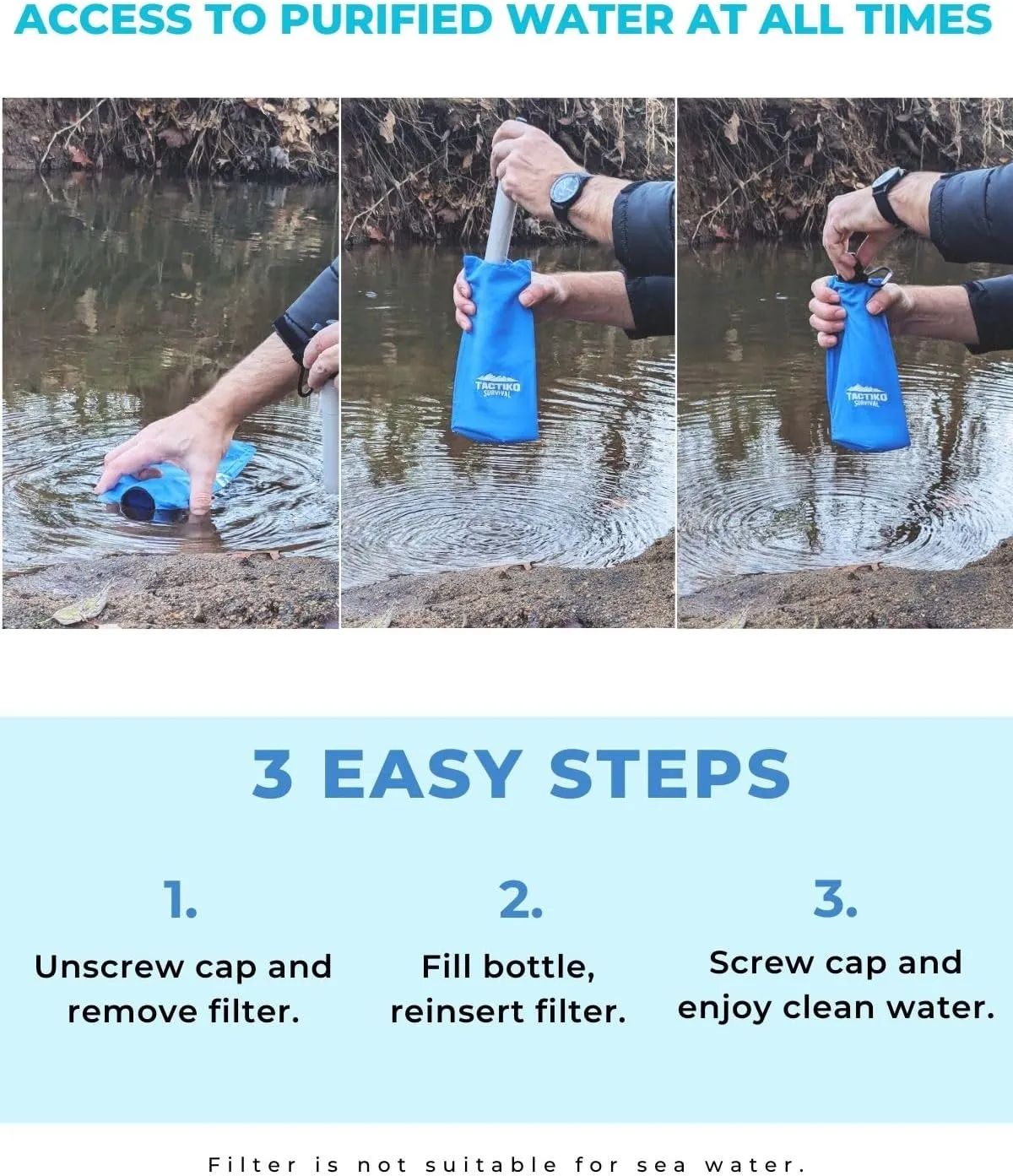 Tactiko 25oz. Purifying Water Bottle - UF Membrane, Activated Carbon Filter 265Gal. from Rivers, Streams - SGS Certified Personal Filter Straw - Camping, Emergency, Survival (Blue)