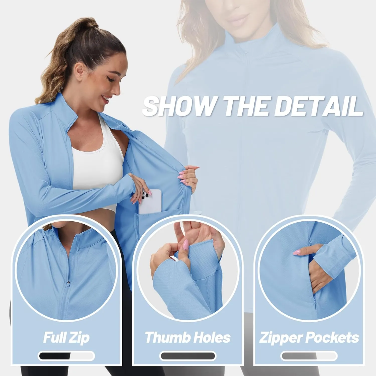 TACVASEN Women's Athletic Jackets Lightweight UV Protection Shirts Full Zip Workout Jacket UPF 50  Long Sleeve Sun Shirt