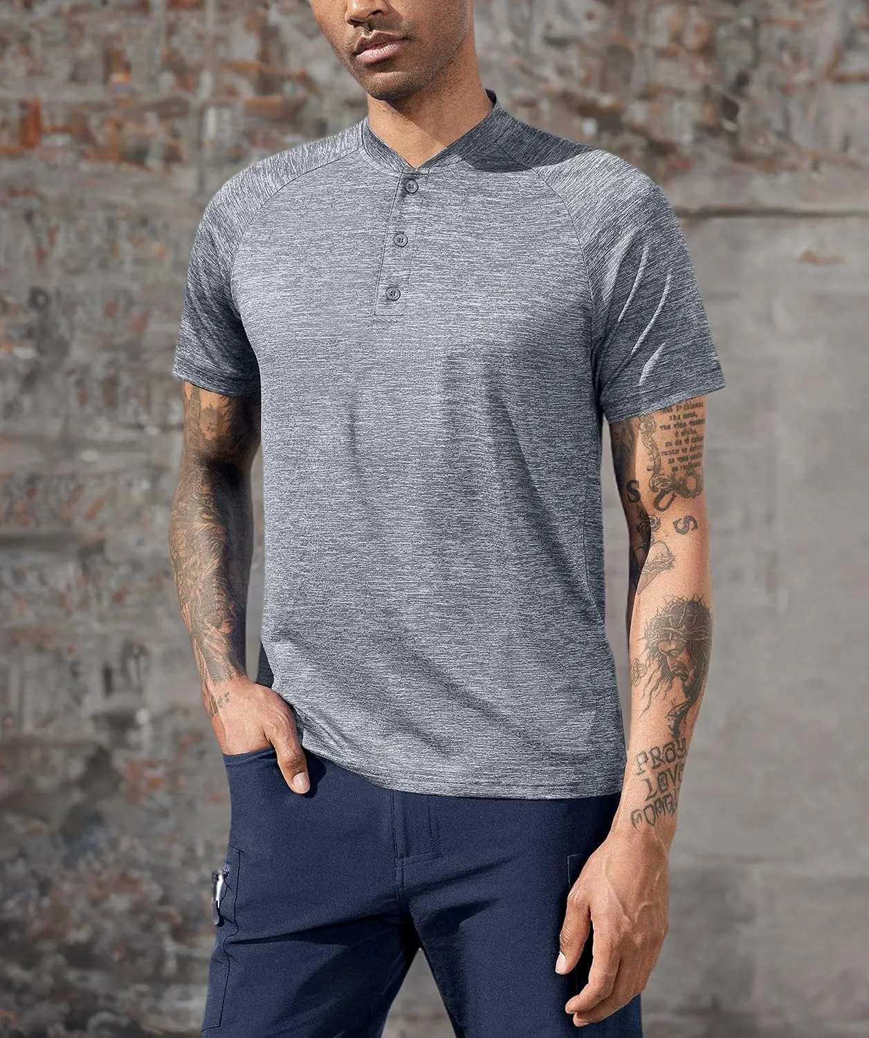 TAPULCO Mens Collarless Golf Shirts Short Sleeve Dry Fit Stretch Casual Breathable Lightweight Tshirts