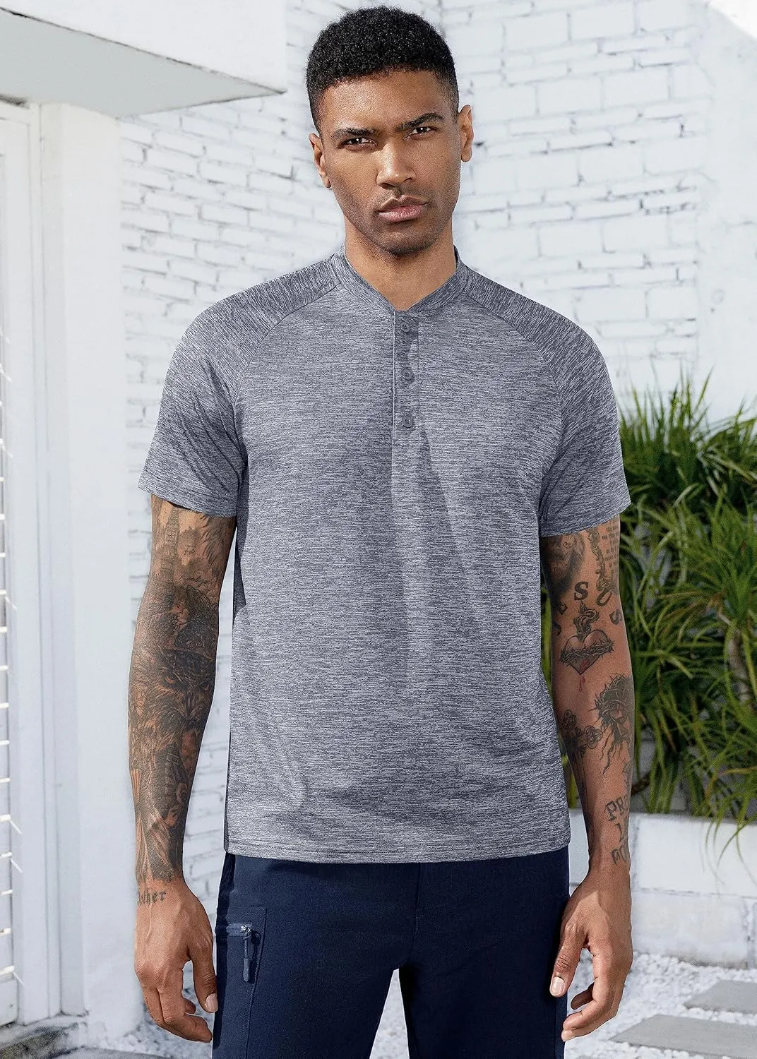 TAPULCO Mens Collarless Golf Shirts Short Sleeve Dry Fit Stretch Casual Breathable Lightweight Tshirts