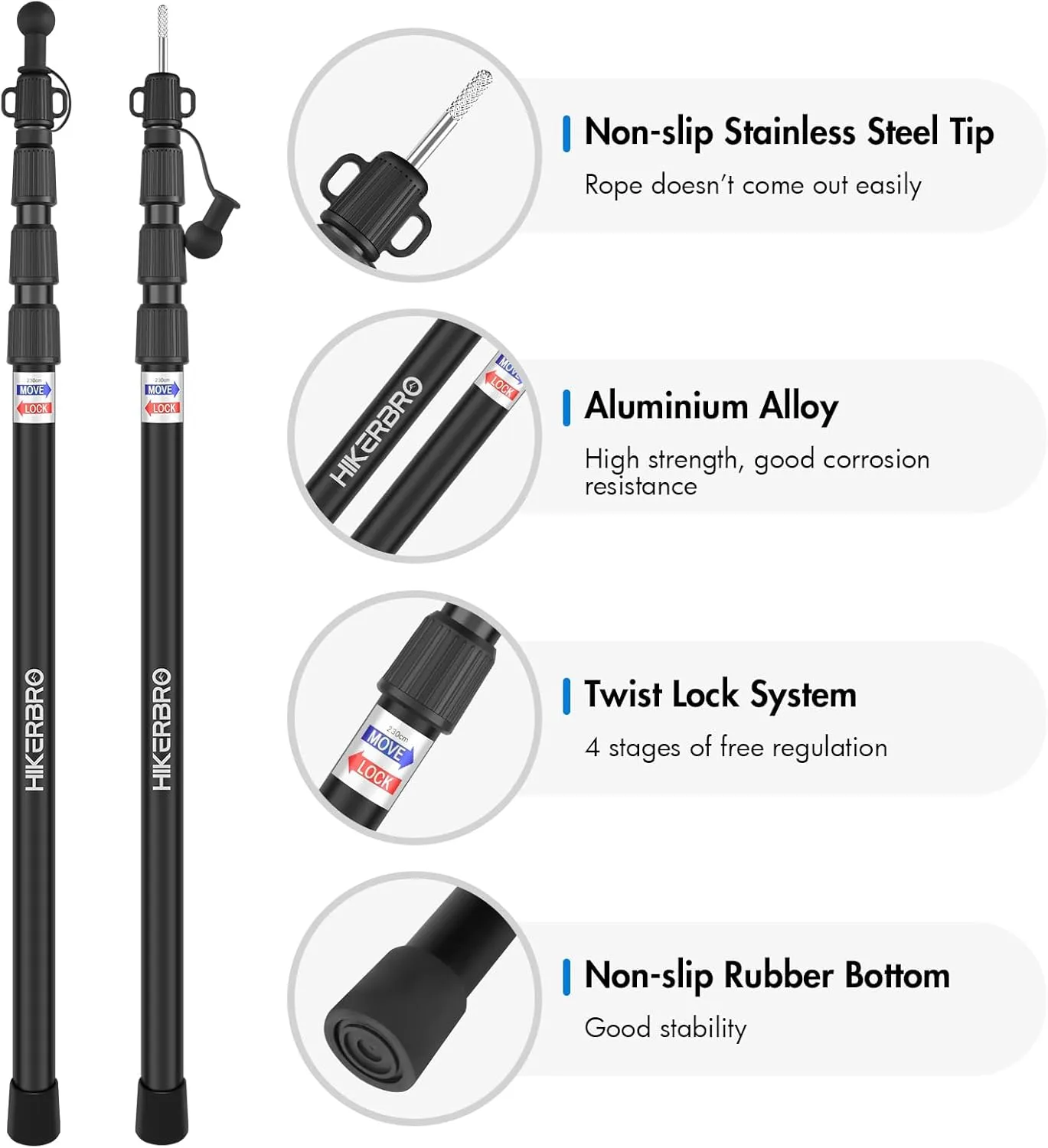 Tarp Poles, Telescoping Tent Pole Set of 2, 7.7ft Aluminum Lightweight Portable Support Rod with Protection Cap, for Camping, Awning, Sun Shades,Rain Fly, Free Guylines & Stakes (2 Poles)
