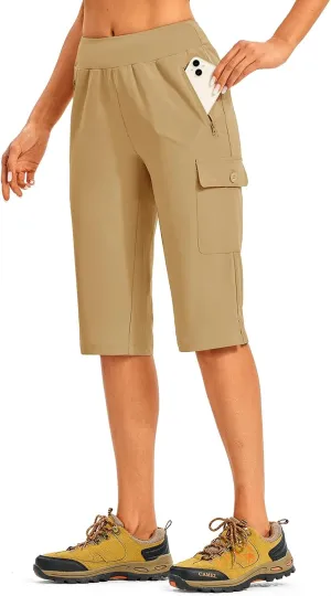 TBMPOY Womens 15" Long Hiking Shorts Below Knee Length Cargo Capri Bermuda Water Resistant Lightweight Stretch 3 Pockets