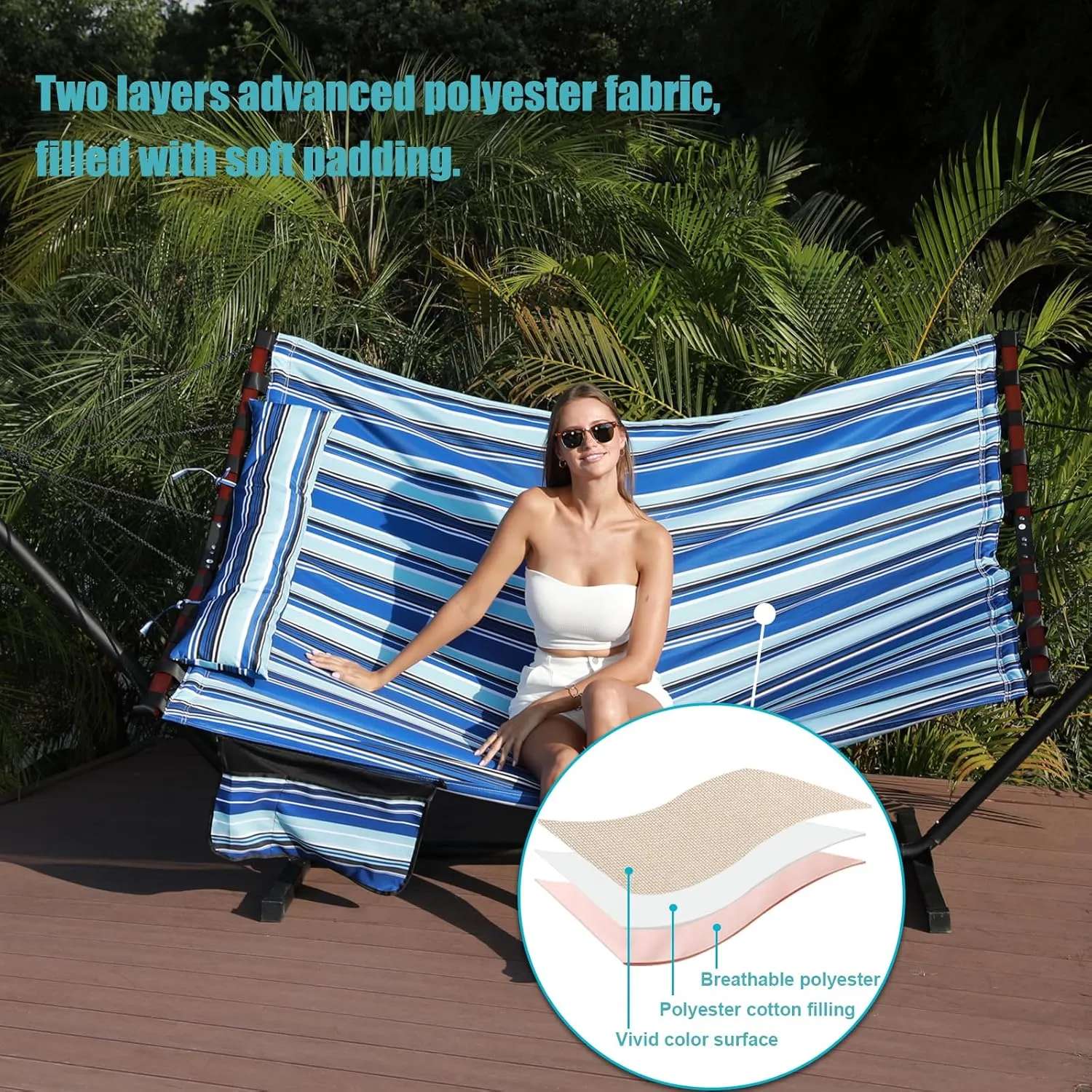 TegerDeger 12FT 2 Person Hammock with Stand Included 55 x 79IN Large Hammock 450LB Capacity with V Shaped Hardwood Spreader Bar & Nylon Rope for Outside, Patio, Garden, Backyard, Beach - Blue Stripes