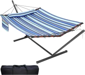 TegerDeger 12FT 2 Person Hammock with Stand Included 55 x 79IN Large Hammock 450LB Capacity with V Shaped Hardwood Spreader Bar & Nylon Rope for Outside, Patio, Garden, Backyard, Beach - Blue Stripes
