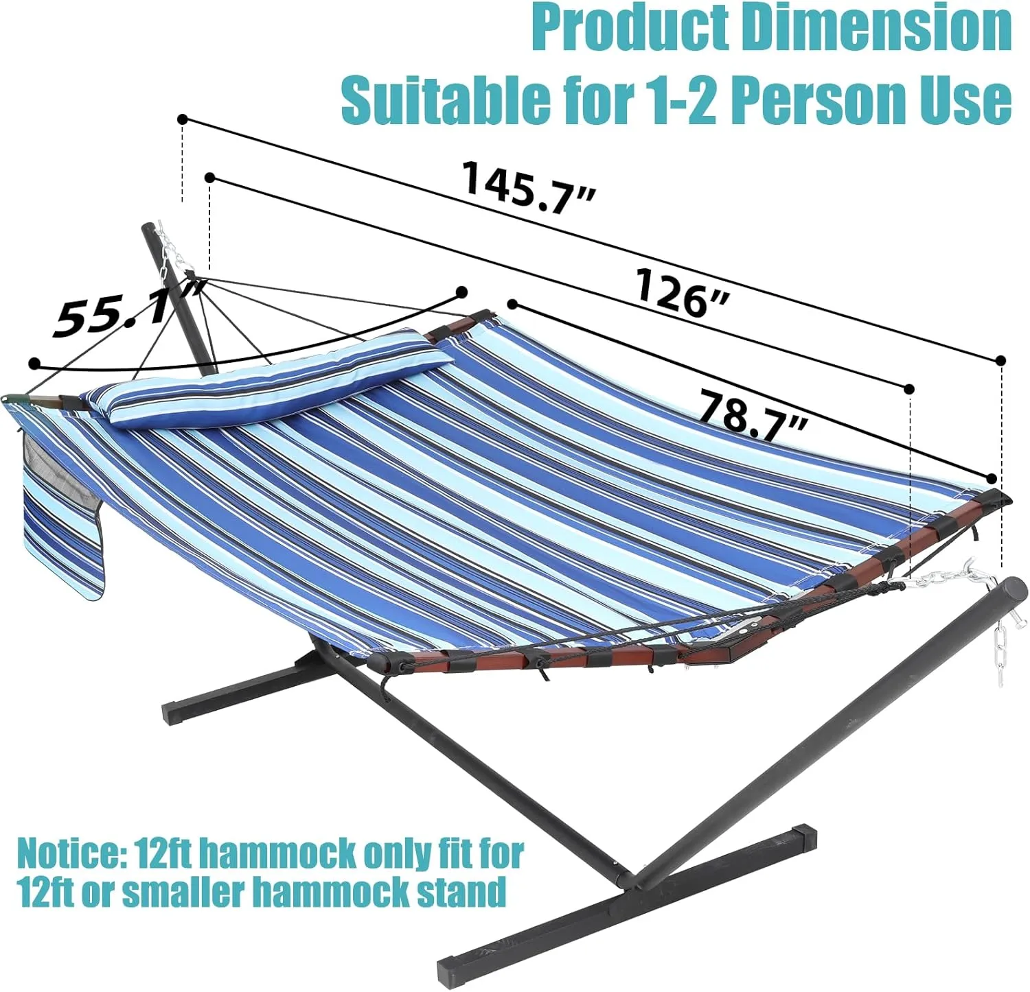 TegerDeger 12FT 2 Person Hammock with Stand Included 55 x 79IN Large Hammock 450LB Capacity with V Shaped Hardwood Spreader Bar & Nylon Rope for Outside, Patio, Garden, Backyard, Beach - Blue Stripes