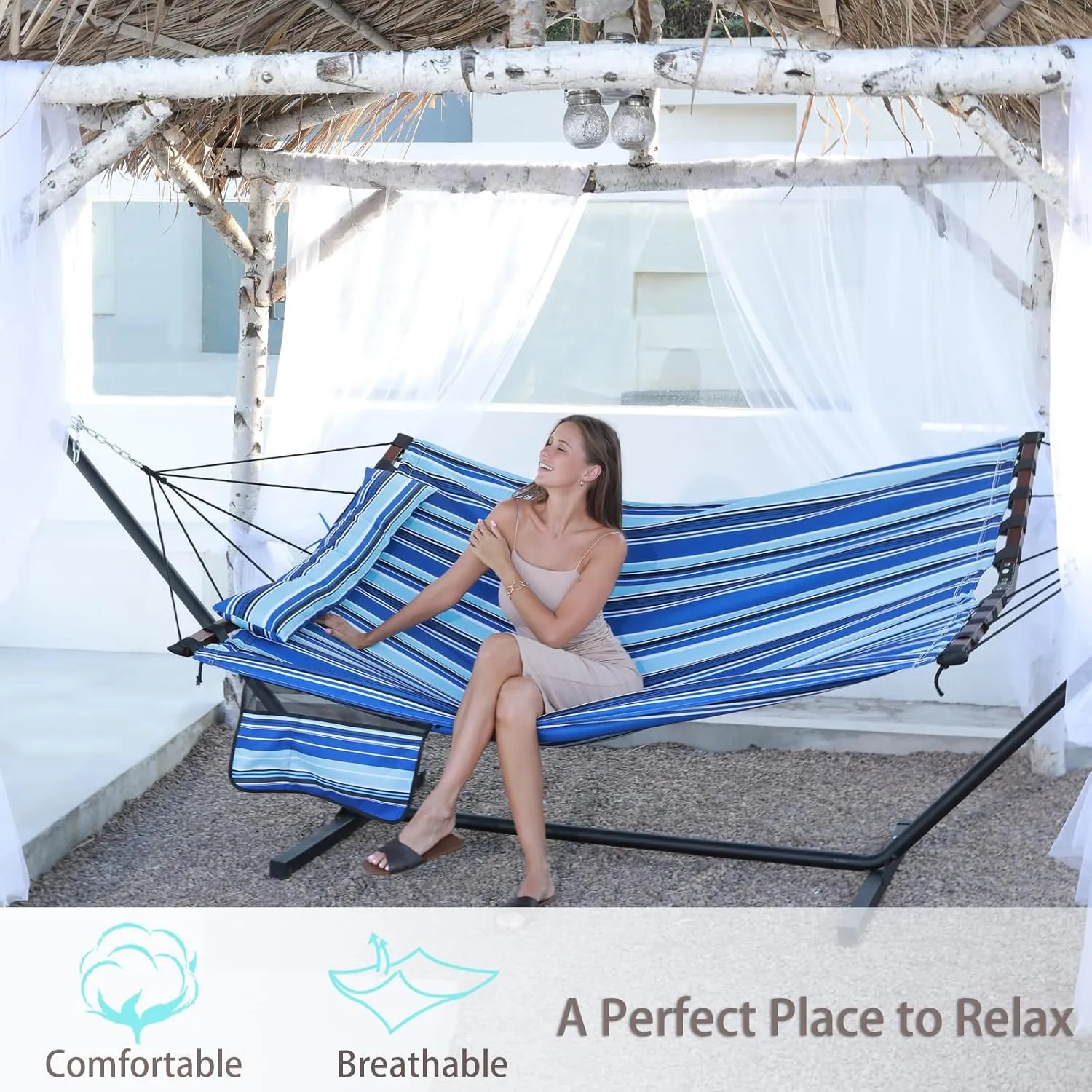 TegerDeger 12FT 2 Person Hammock with Stand Included 55 x 79IN Large Hammock 450LB Capacity with V Shaped Hardwood Spreader Bar & Nylon Rope for Outside, Patio, Garden, Backyard, Beach - Blue Stripes