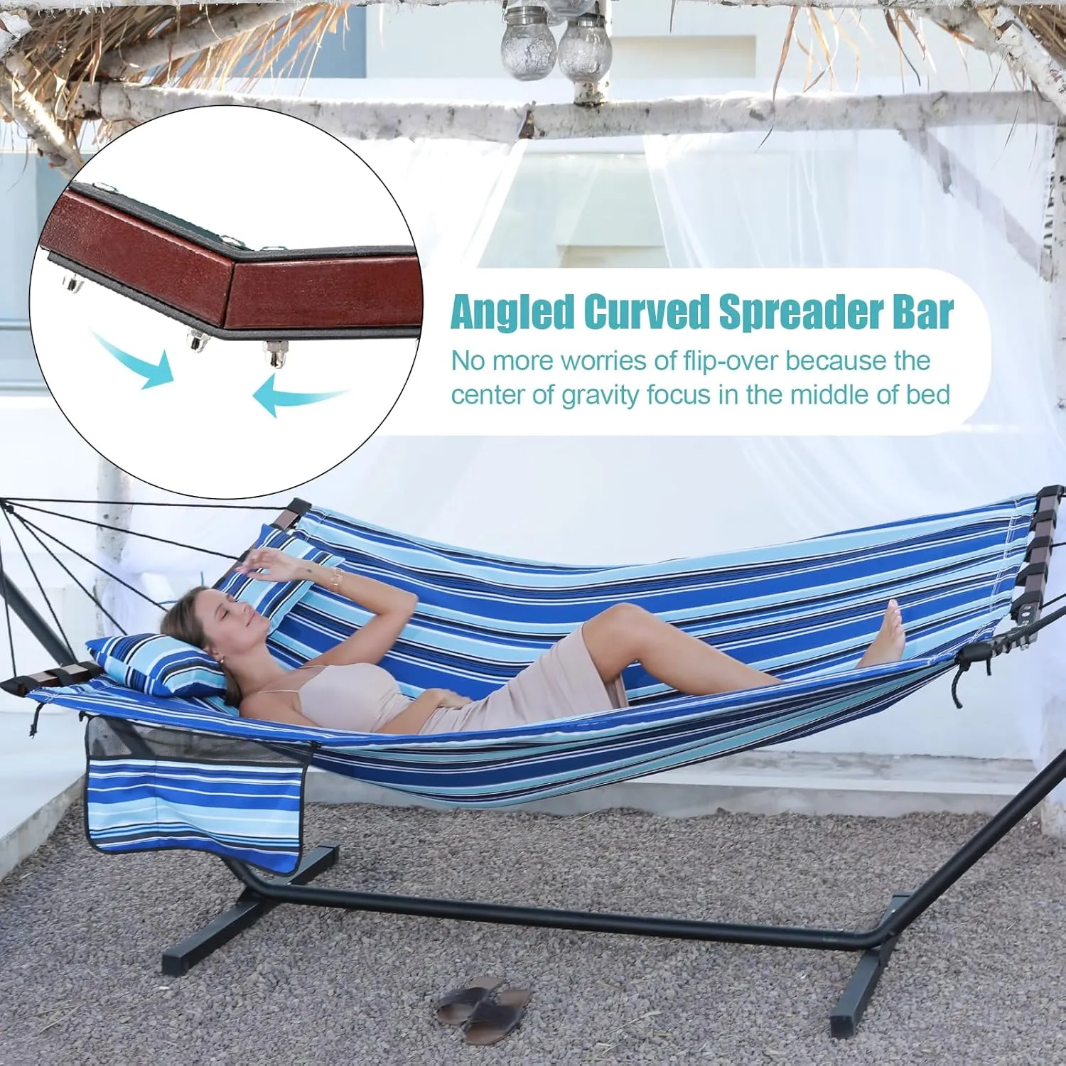 TegerDeger 12FT 2 Person Hammock with Stand Included 55 x 79IN Large Hammock 450LB Capacity with V Shaped Hardwood Spreader Bar & Nylon Rope for Outside, Patio, Garden, Backyard, Beach - Blue Stripes