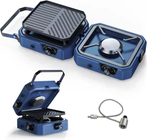 TENKE Premium Quality Foldable Camping Stove with Griddle 16000 BTU Adjustable 2 Burner with Piezo Ignition Easy Carrying Handle, Compatible with 1LBS Propane (BLUE)